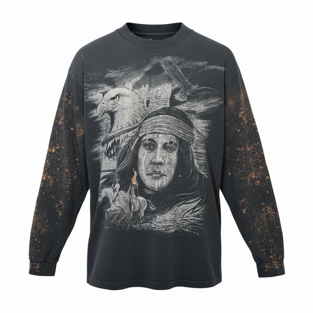 VTG 90s Native Eagle Long Sleeve T Public Image 1 Of 1 Black Bleach Splatter XL